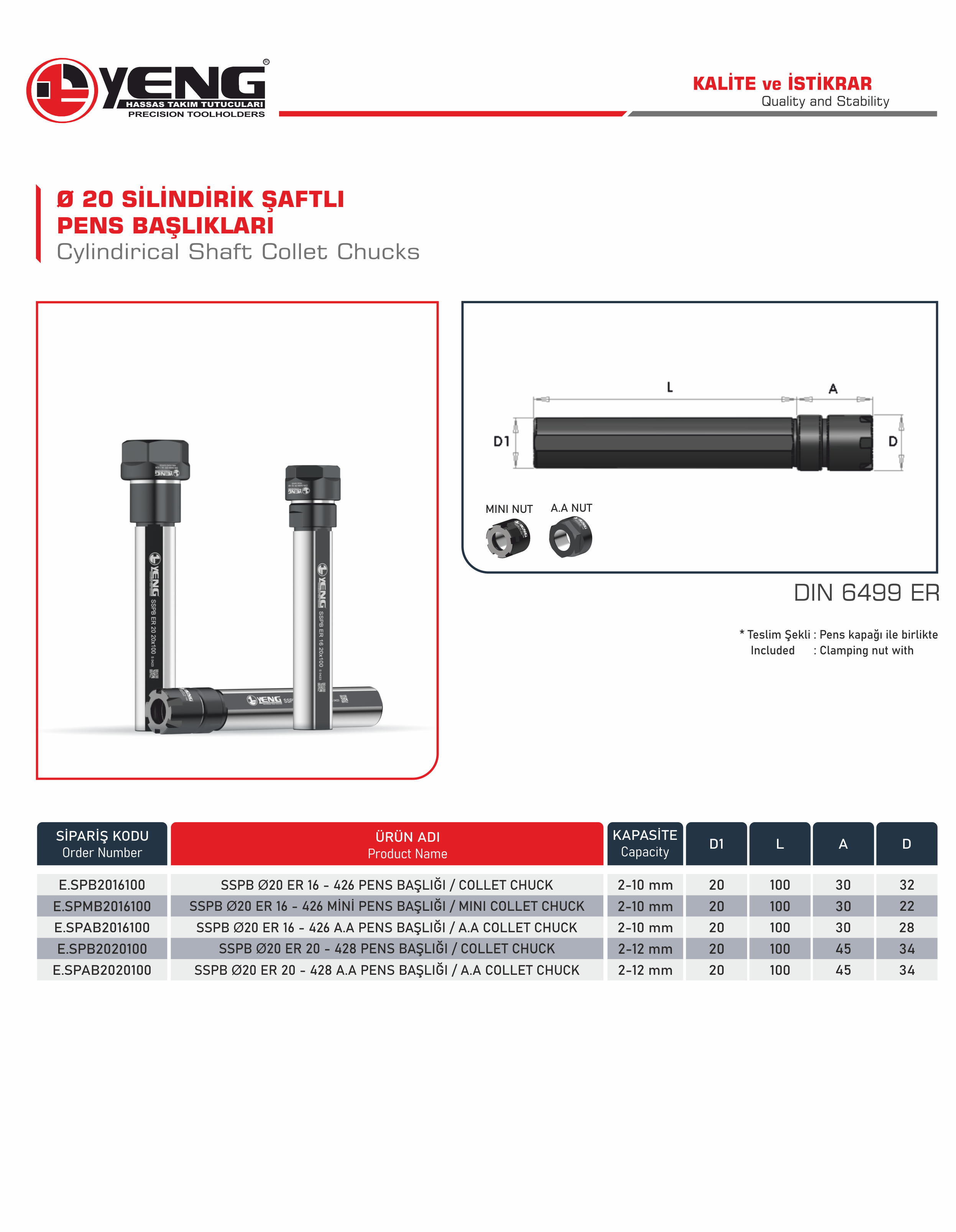 Ø20 Silindirik Şaftlı Pens Başlıklar / DIN 6499 ER L=100