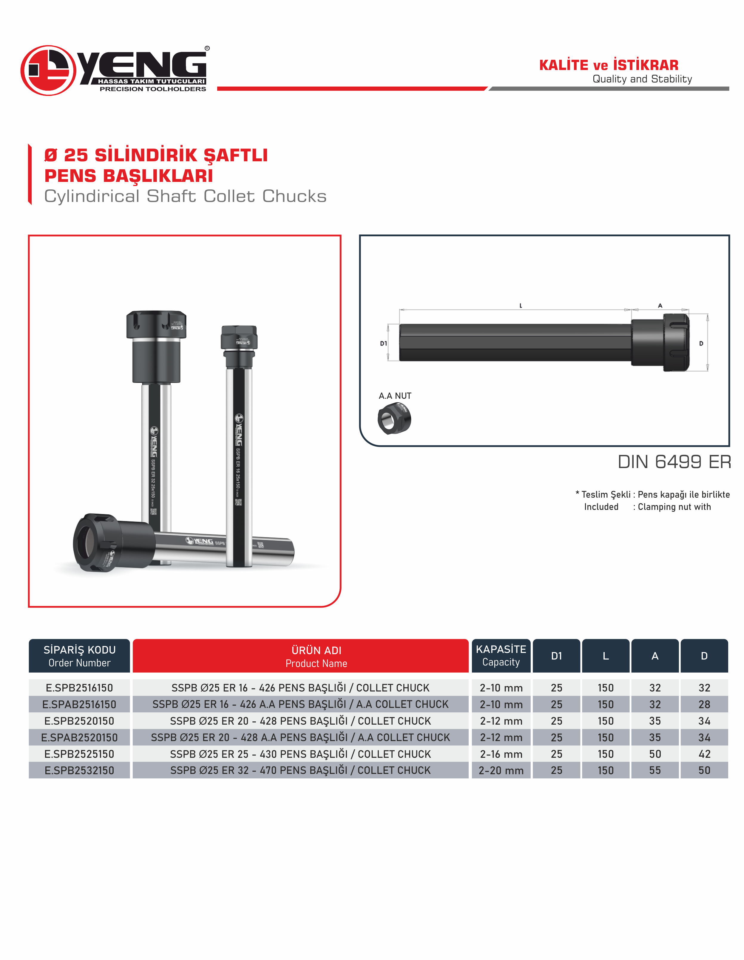 Ø25 Silindirik Şaftlı Pens Başlıklar / DIN 6499 ER L=150