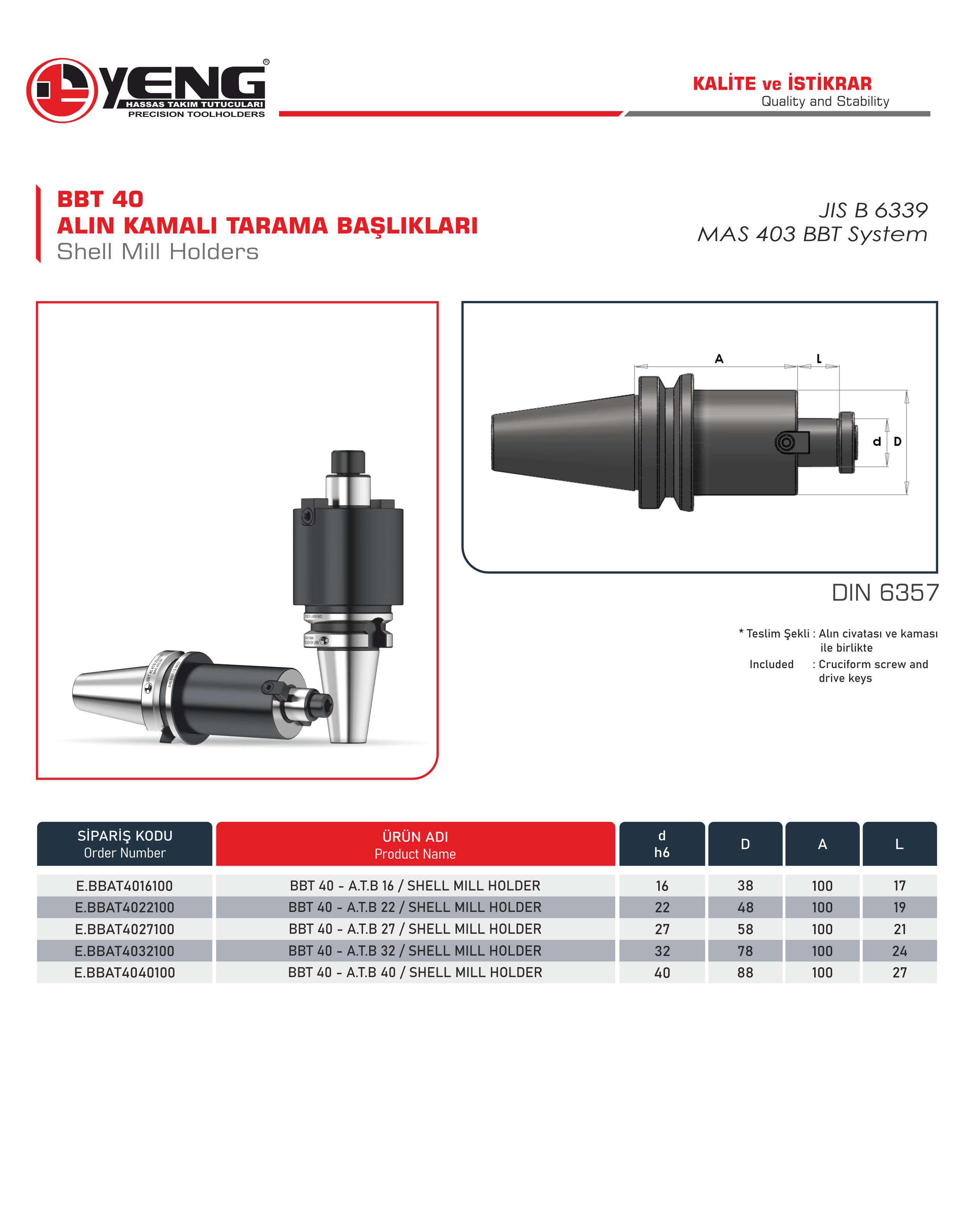 BBT 40 Alın Kamalı Tarama Başlıklar / DIN 6357 A=100