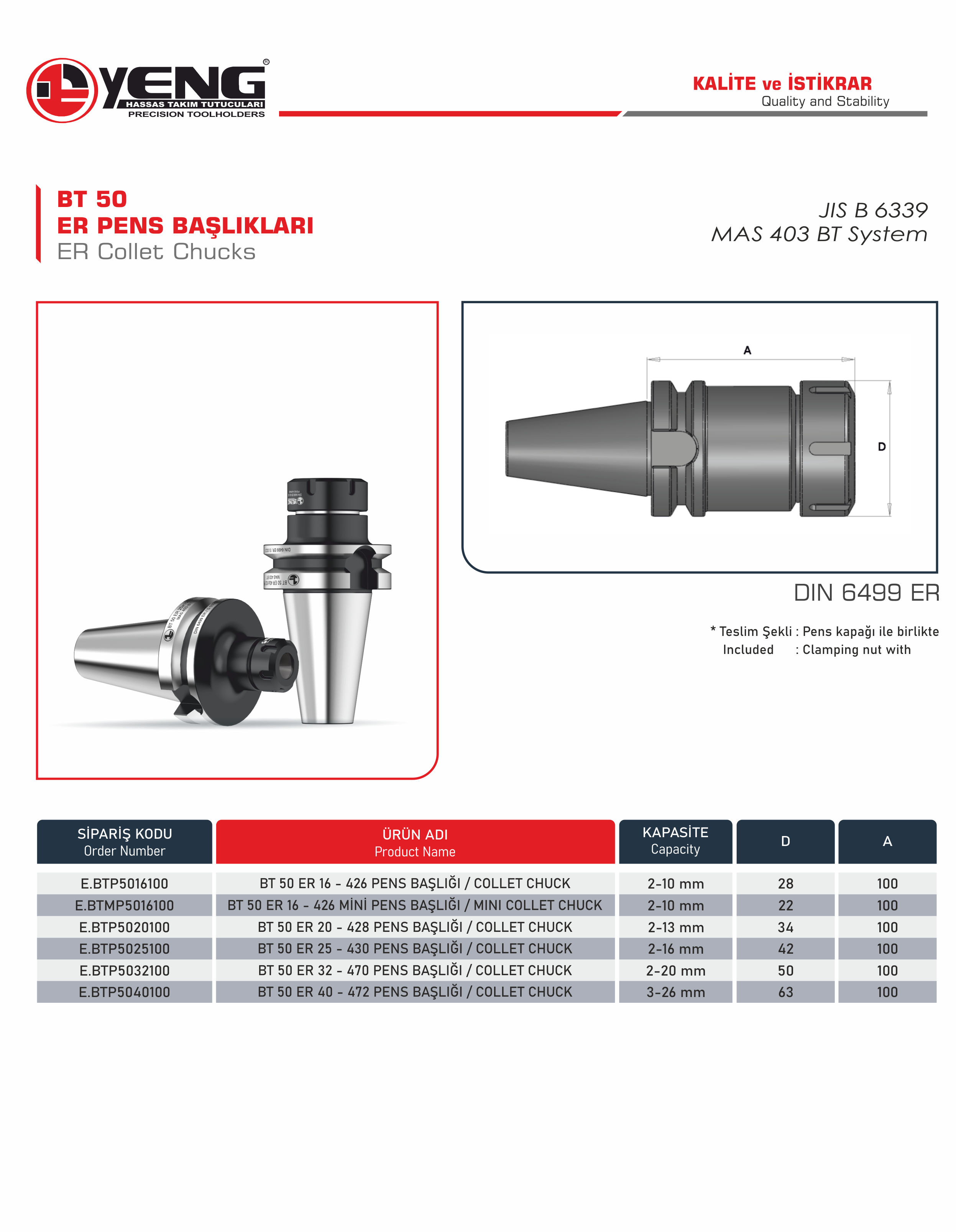 BT 50 Collet Chucks / DIN 6499 ER A=100