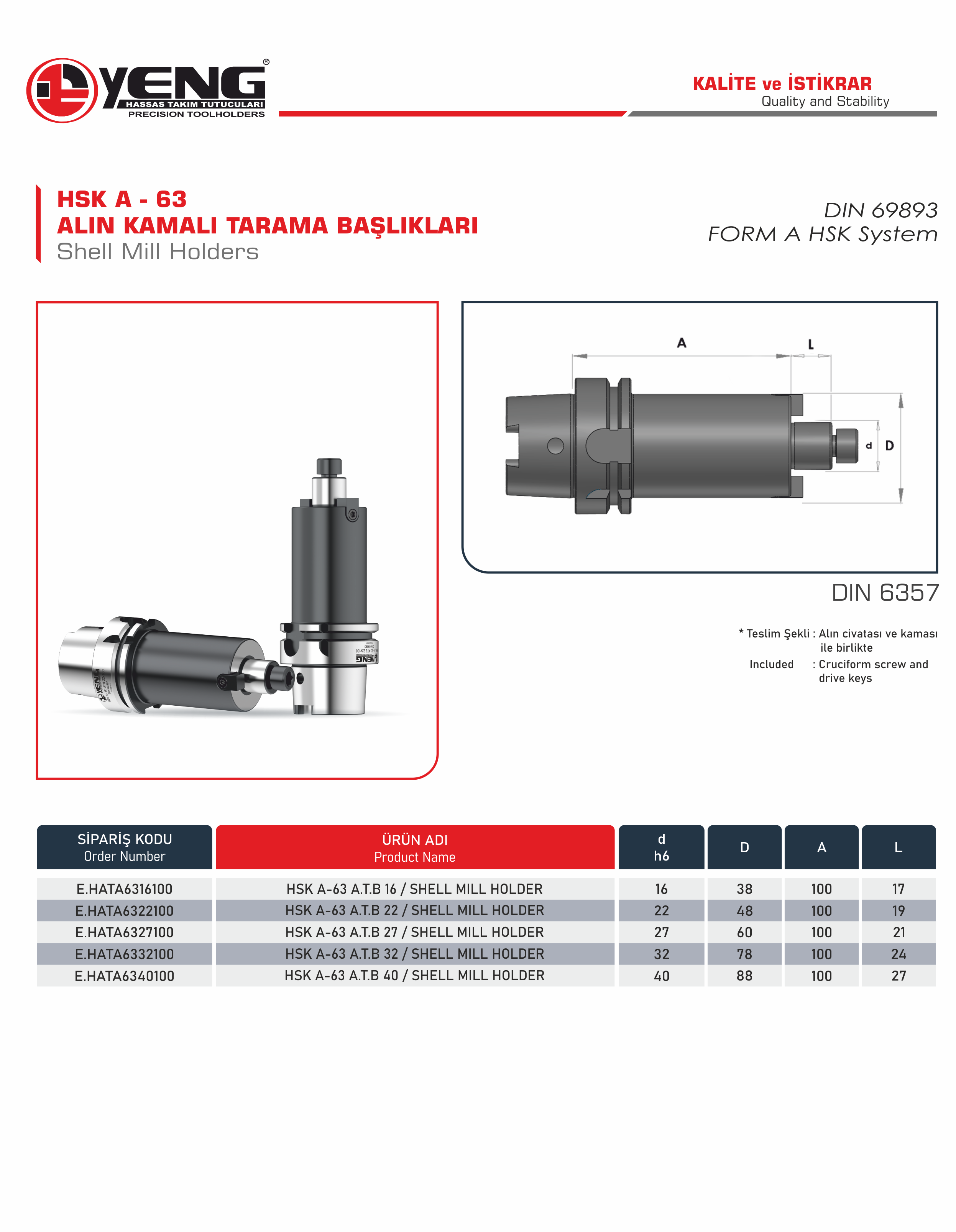 HSK A - 63 Alın Kamalı Tarama Başlıklar / DIN 6357 A=100
