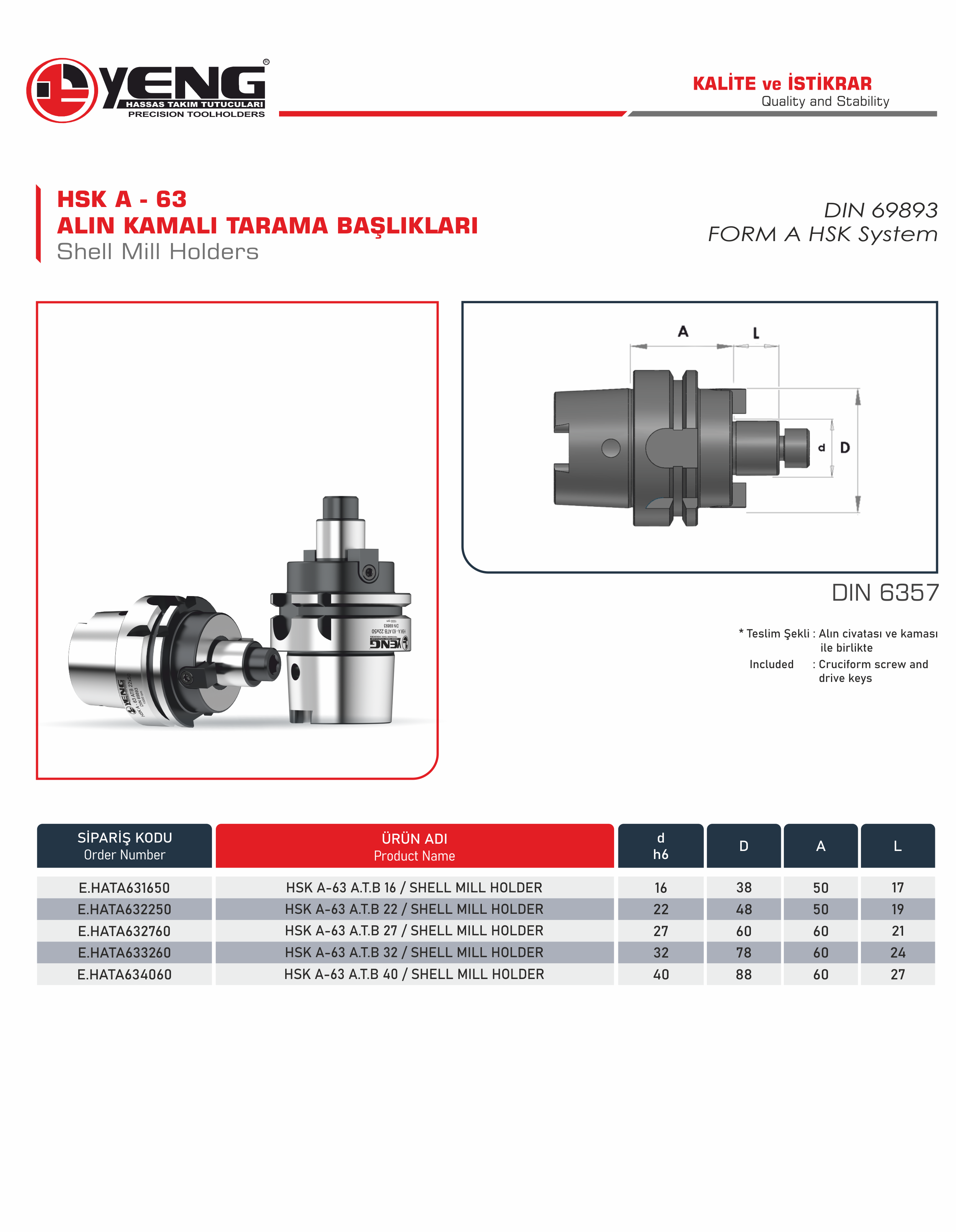 HSK A - 63 Alın Kamalı Tarama Başlıklar / DIN 6357
