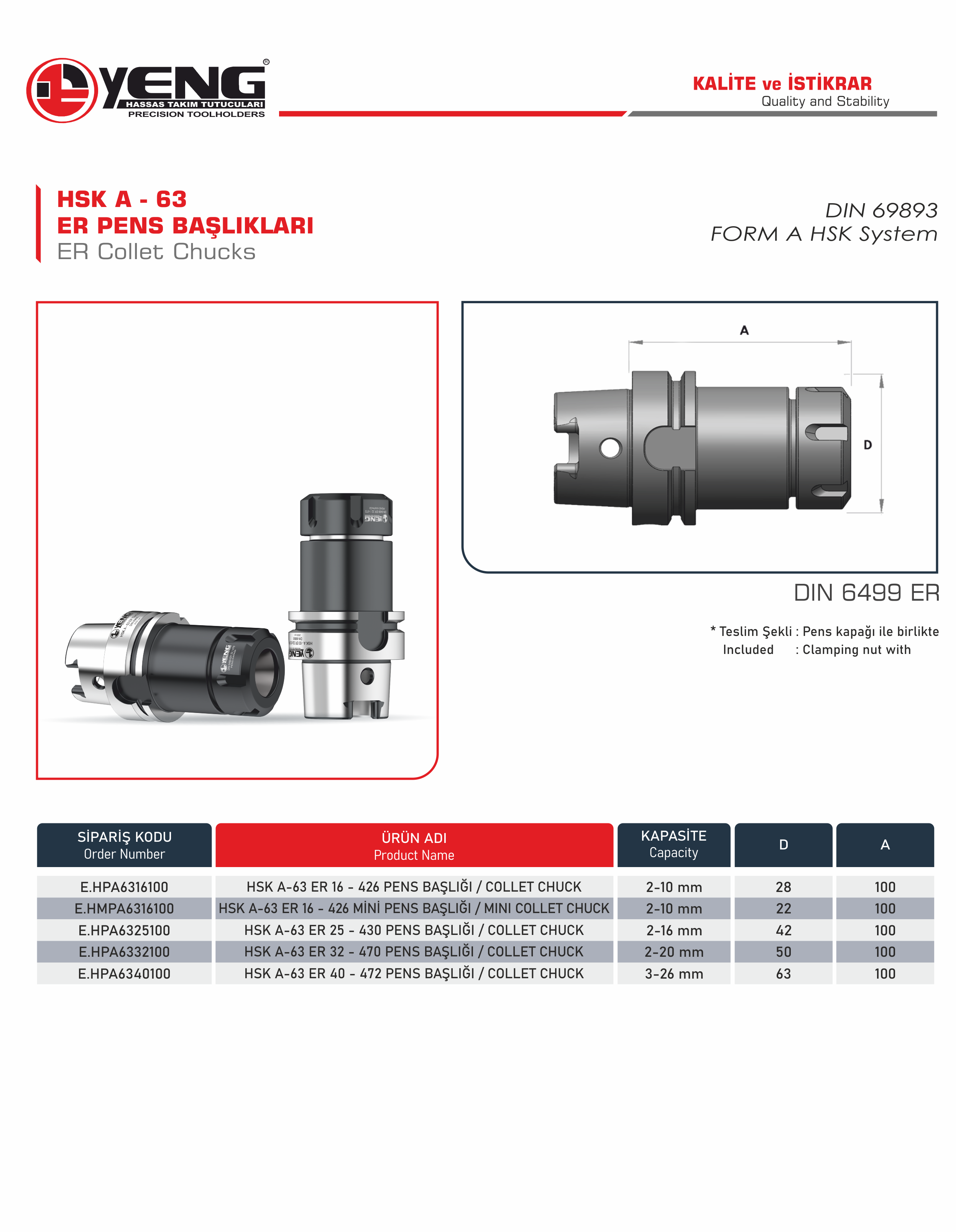 HSK A - 63 Pens Başlıklar / DIN 6499 ER A=100