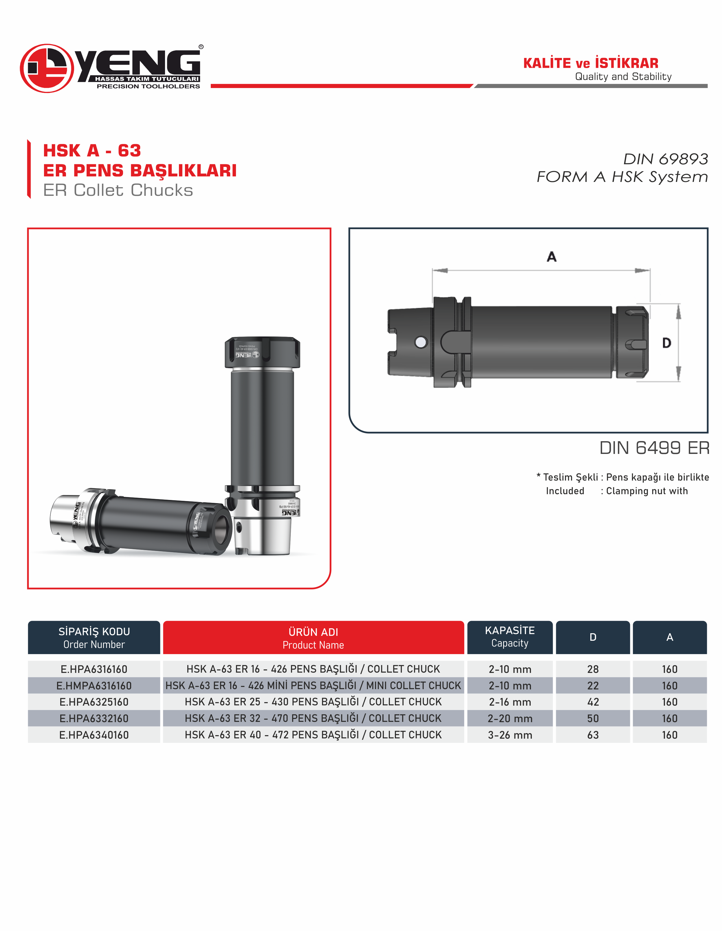 HSK A - 63 Pens Başlıklar / DIN 6499 ER A=160