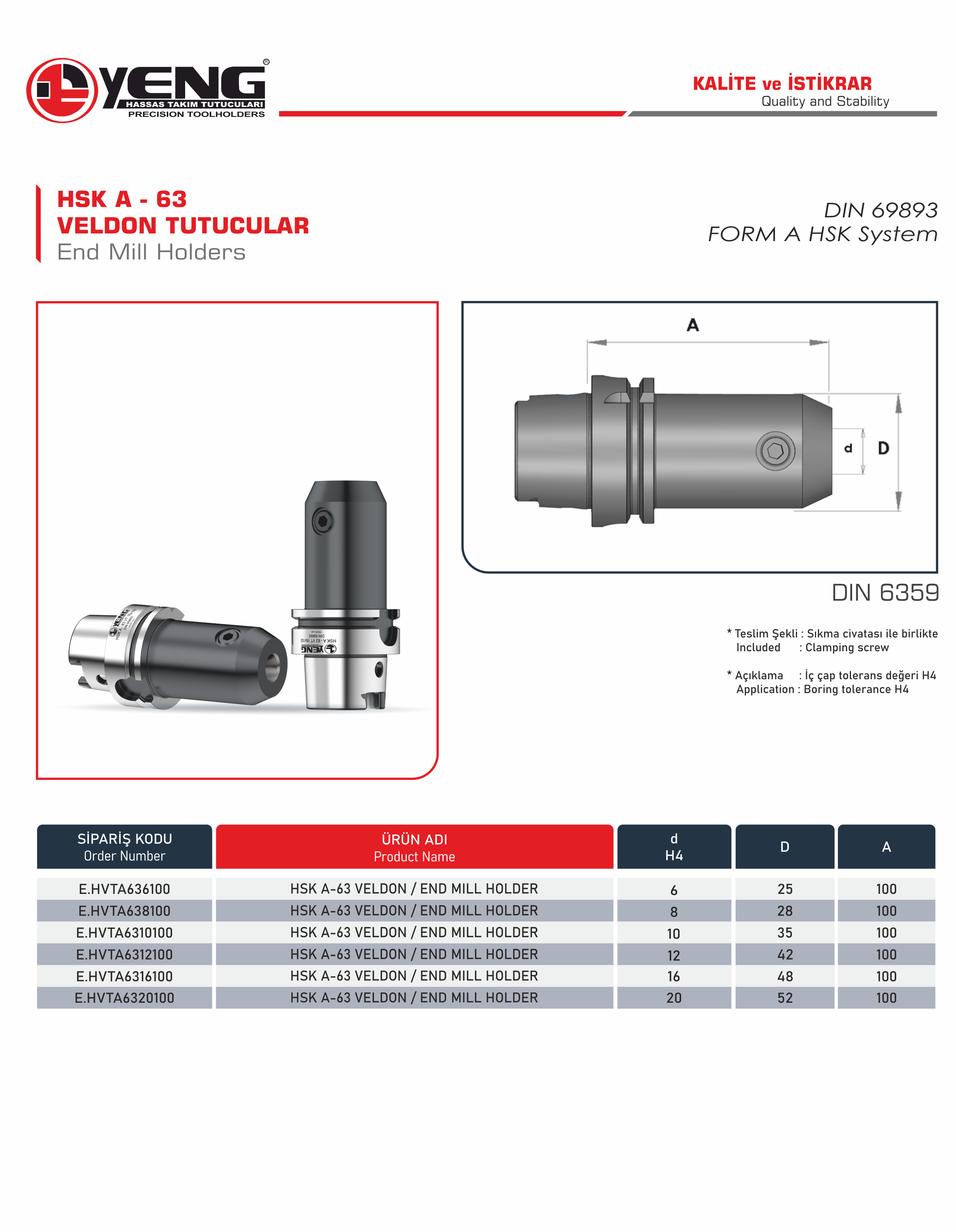 HSK A - 63 Veldon Tutucular / DIN 6359 A=100