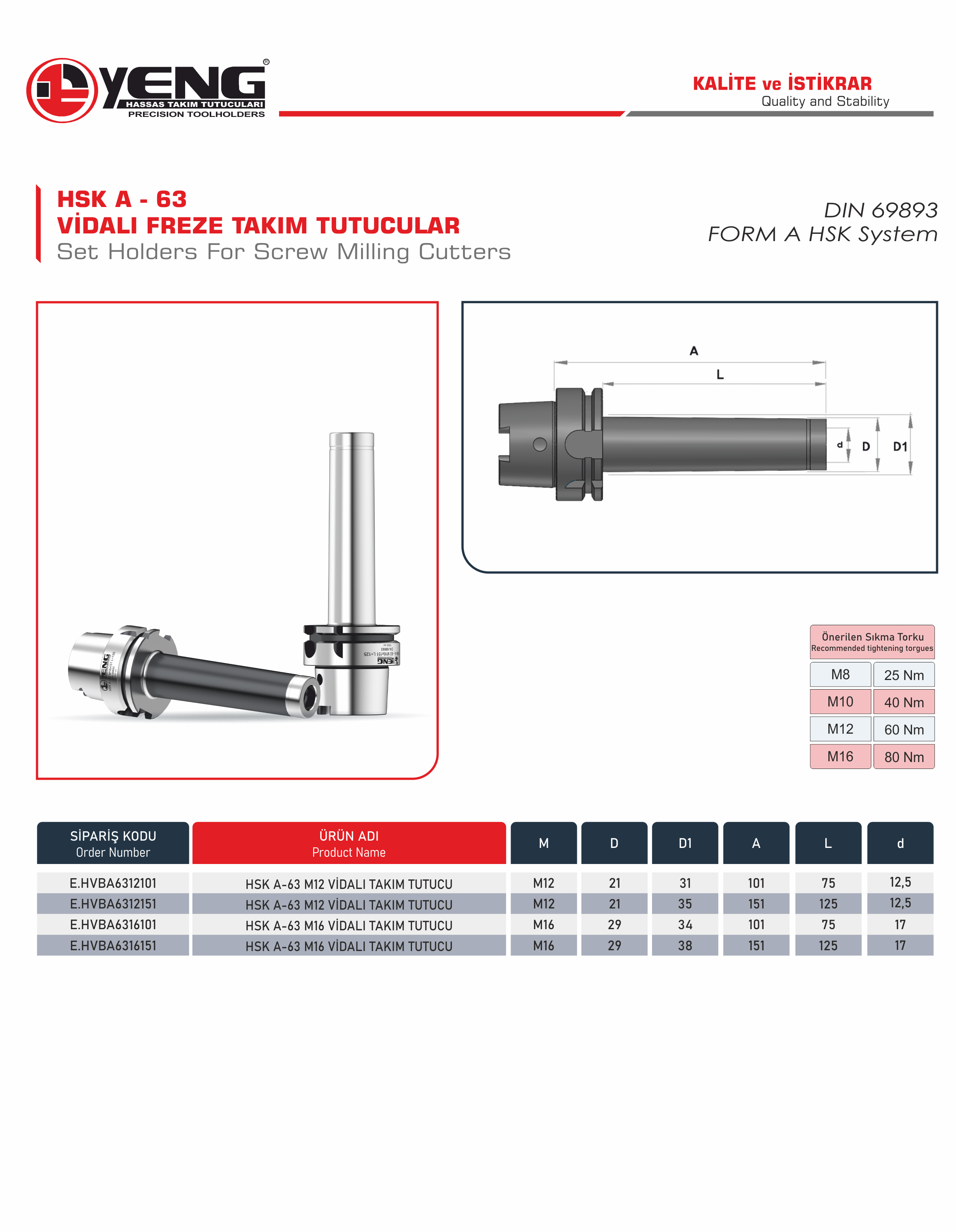 HSK A - 63 Vidalı Freze Takım Tutucular