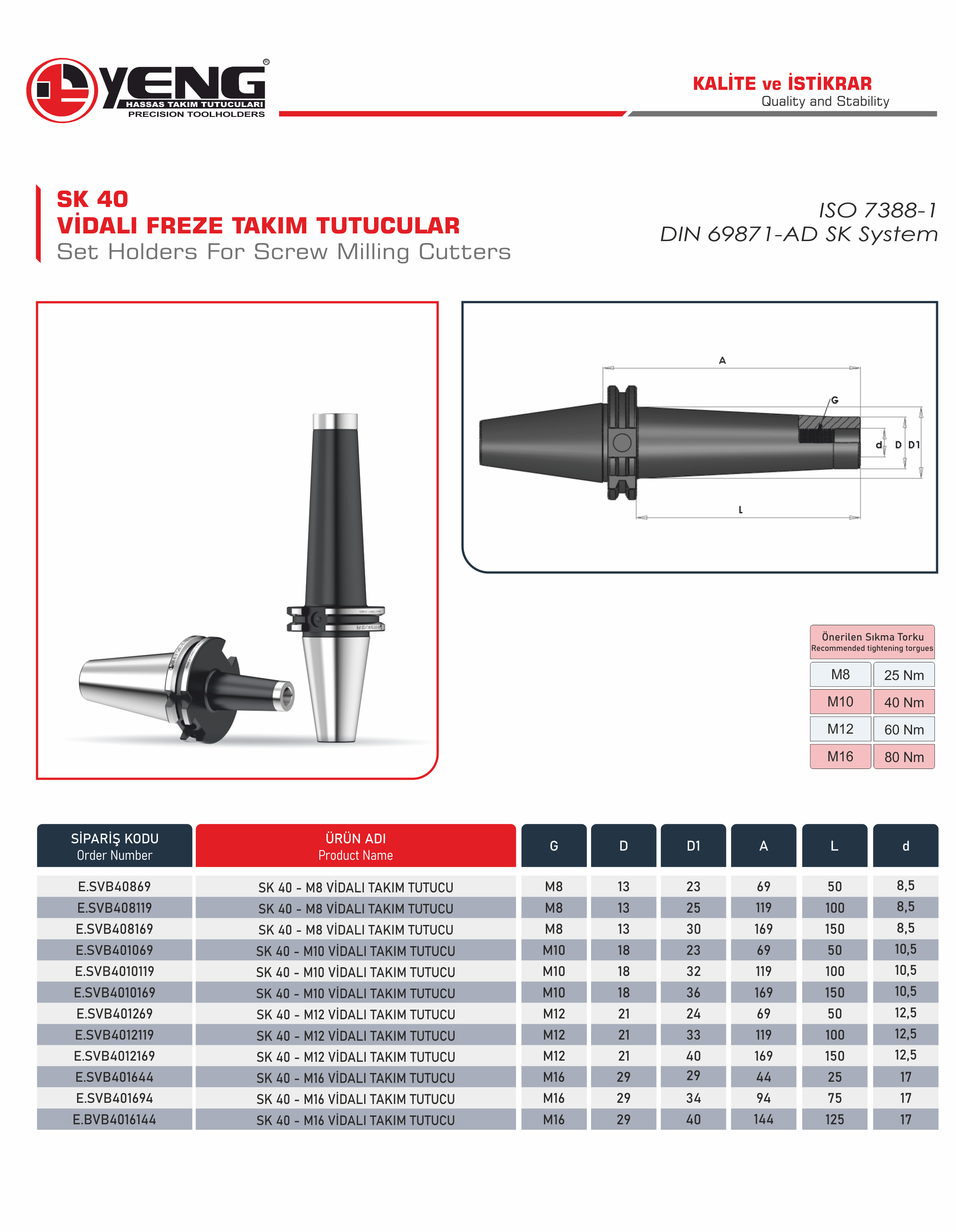 SK 40 Vidalı Freze Takım Tutucular